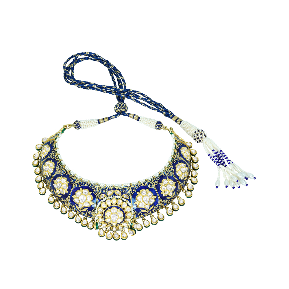Polki Choker with Blue Enamel, Floral Motifs, and Pearls